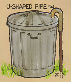 A U-shaped pipe with one end buried in the ground and the other hooked over the lid of a garbage can will prevent animals from knocking them over and foraging.